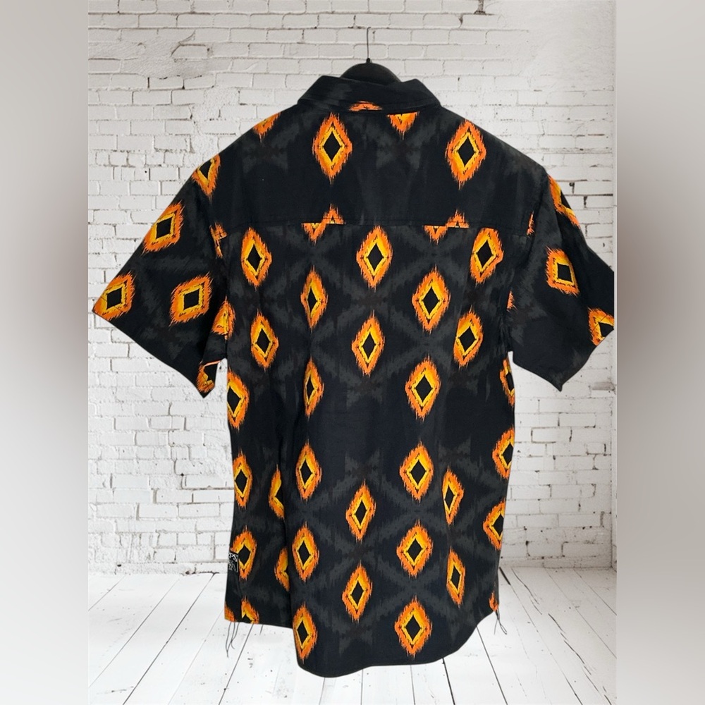 PRPS Mens Short Sleeve Summer-Weight ResortWear Sz L 100% Cotton Shirt Blk/Org - Picture 3 of 12